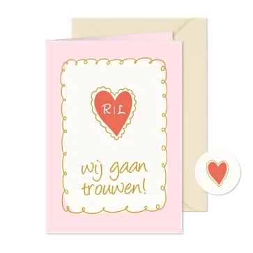 Vrolijke trouwkaart met roze kader hartje en initalen